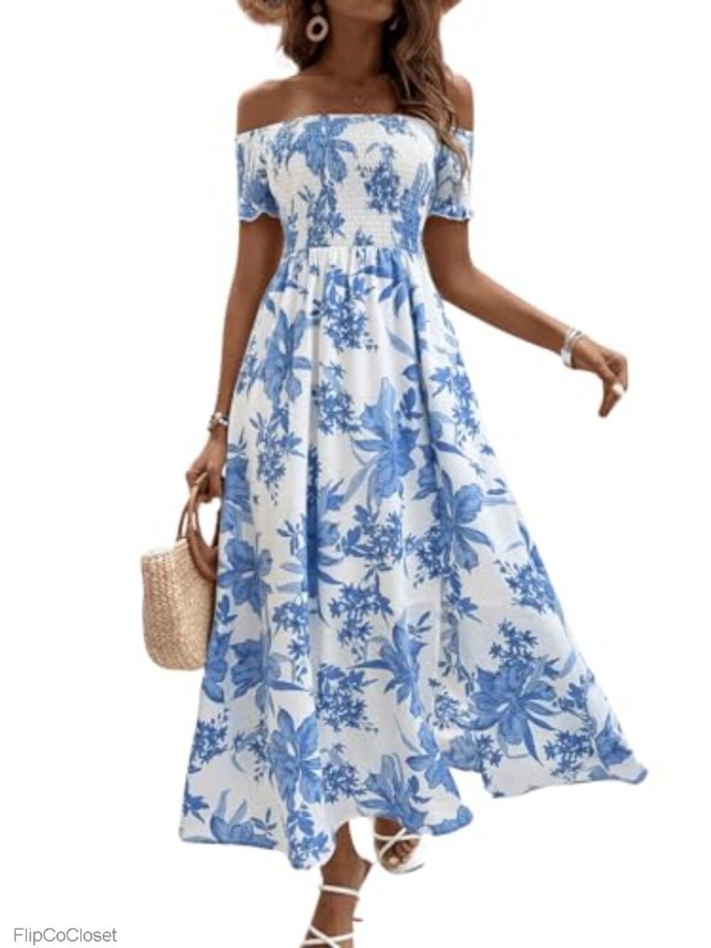 Boho Ditsy Floral Off Shoulder Split Maxi A-Line Dress